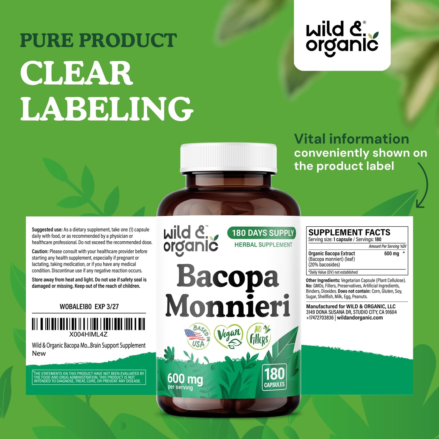 Wild & Organic Bacopa Monnieri Capsules 600 mg, 180 Count