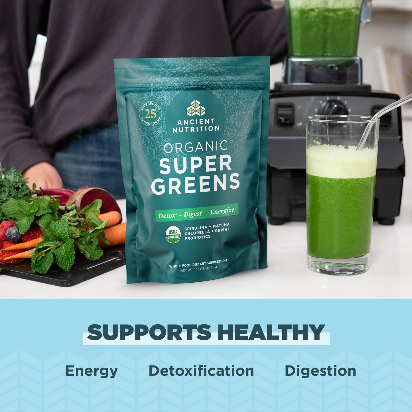 Ancient Nutrition Multi Collagen Peptides Protein Powder, Unflavored, 100 Servings + Organic Supergreens Powder, Unflavored, 50 Servings