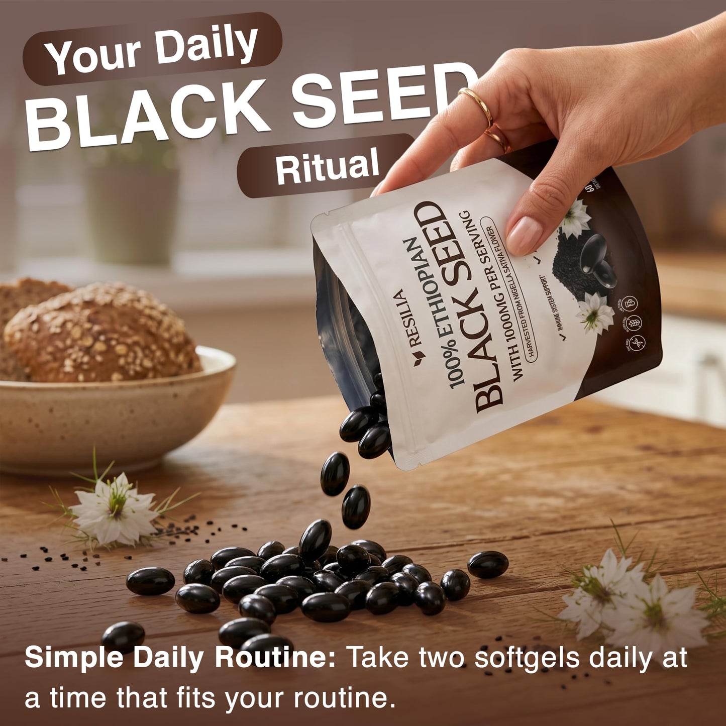 Resilia Oil Of Oregano Ethiopian Black Seed Oil Capsules 1000mg Per Serving, Digestive & Immune Support, 120 Capsules