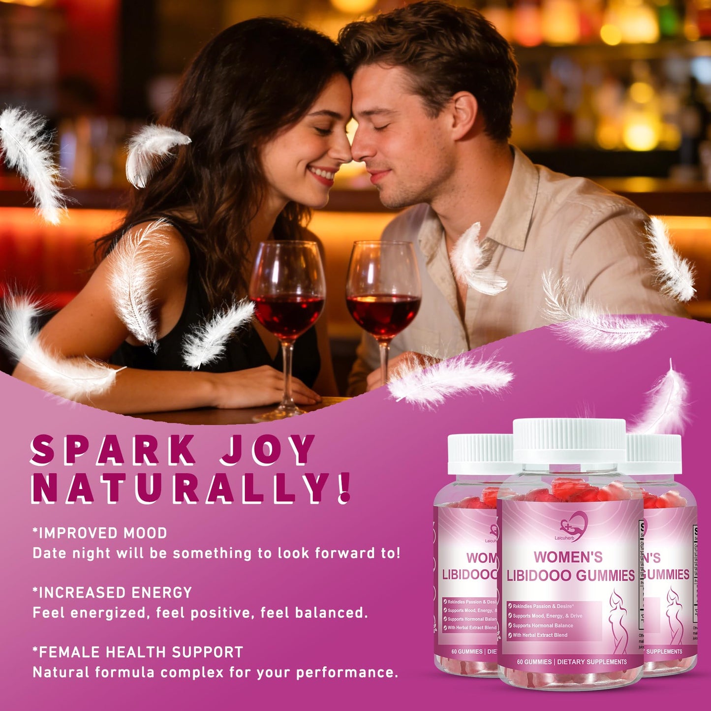 Laicuherb Libidoo Support for Women with Maca Root, Daily Wellness Formula for Confidence, Vitality & Emotional Balance, Intimacy Vitamins & Daily Sensual Wellness Gummy 60