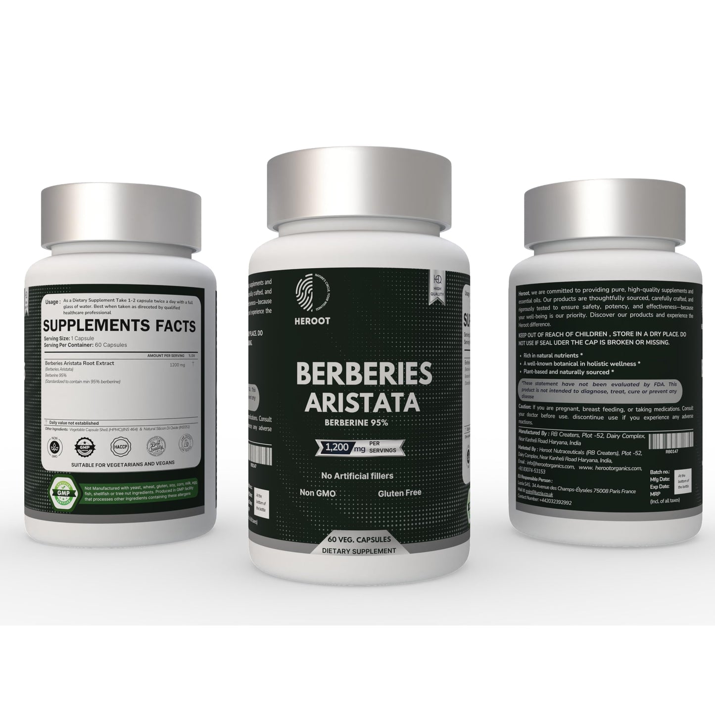 Heroot Organic Berberis Aristata 500 mg Capsules, 60 Count