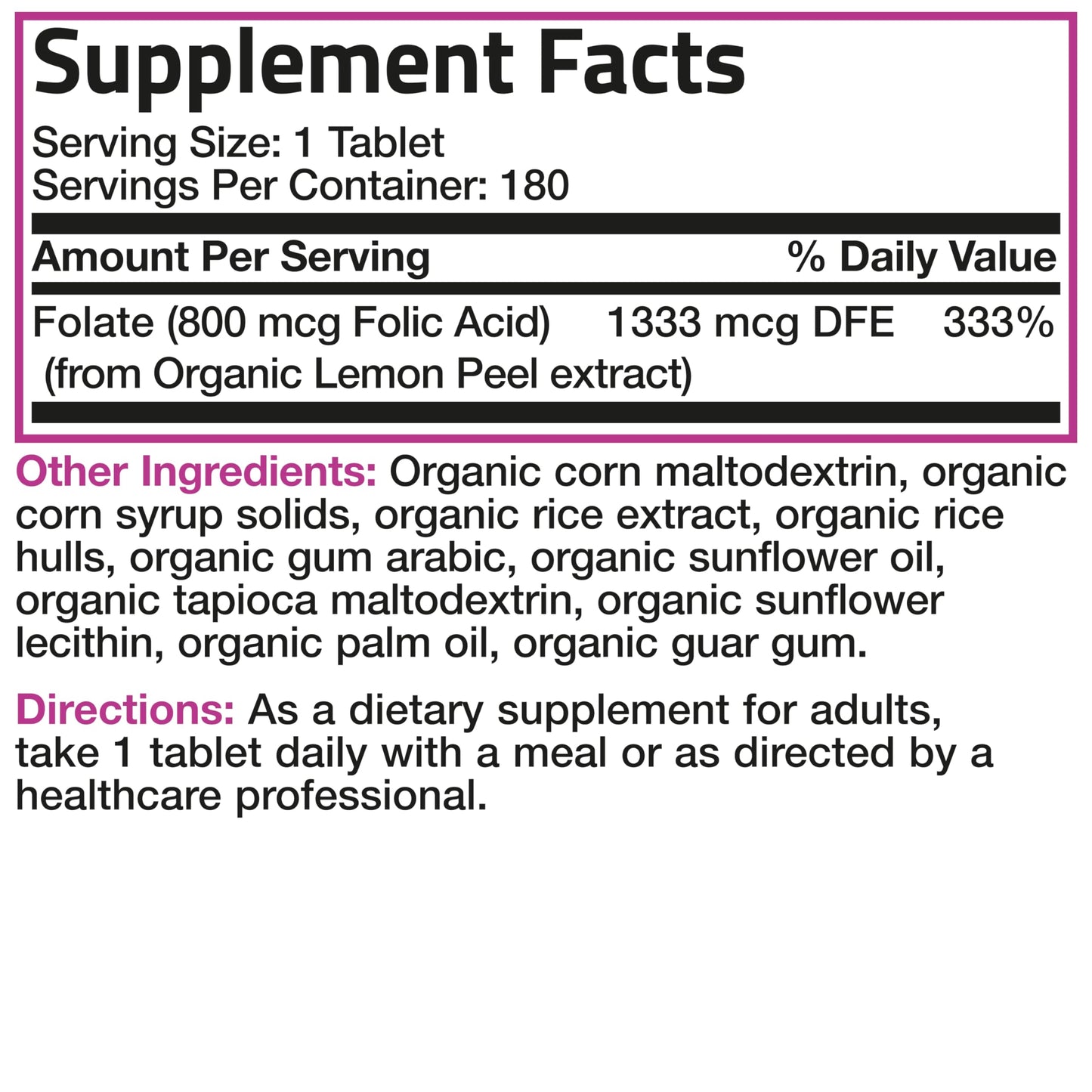 Bronson Organic Folic Acid (Vitamin B9 Folate) 800 mcg Folate from Lemon Peel Tablets, 180 Tablets