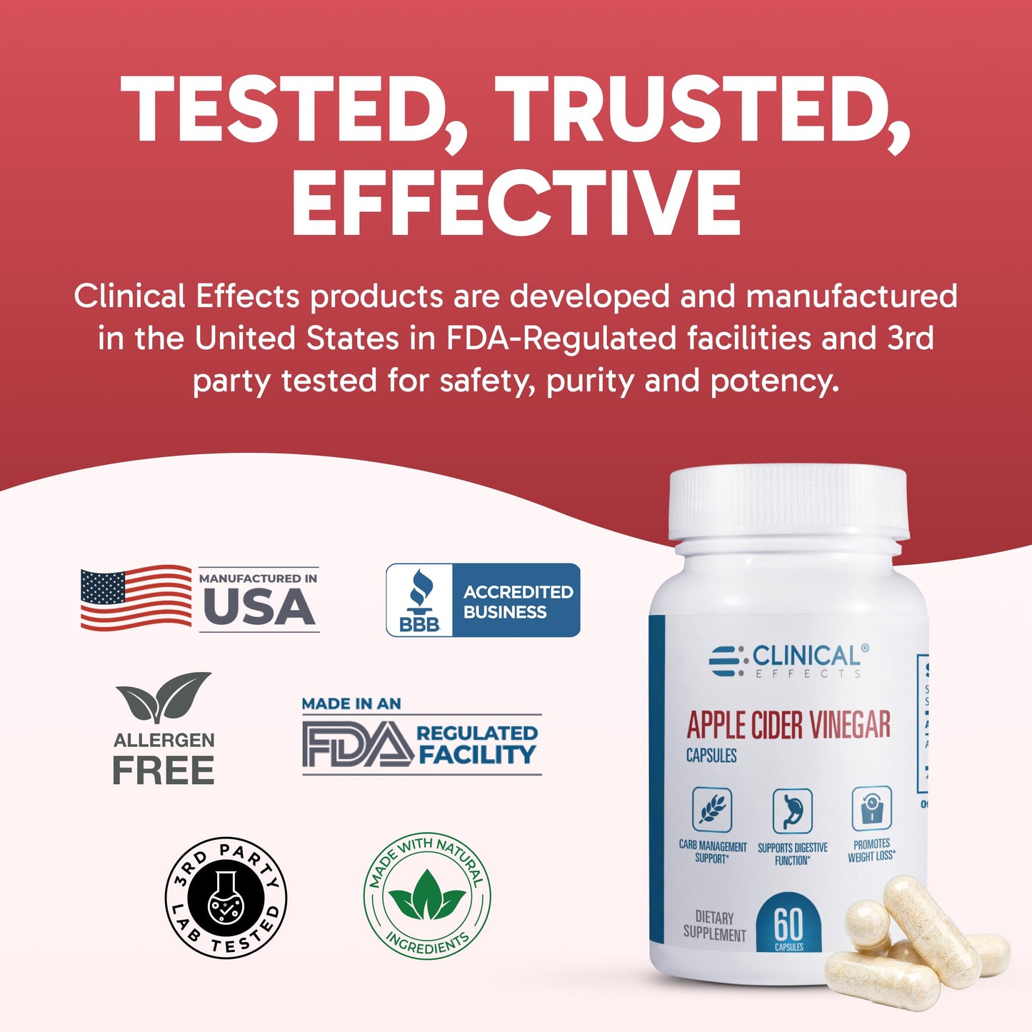 Clinical Effects Apple Cider Vinegar Capsules 1300mg 60 Count