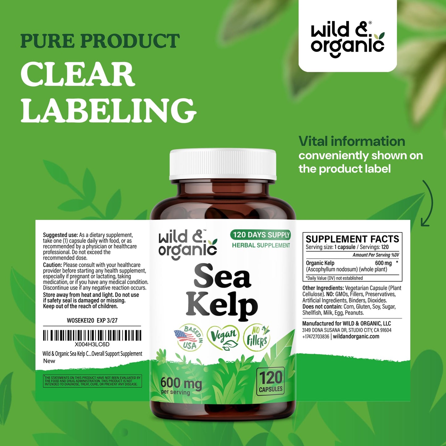 Wild & Organic Sea Kelp Capsules 600 mg, 120 Count