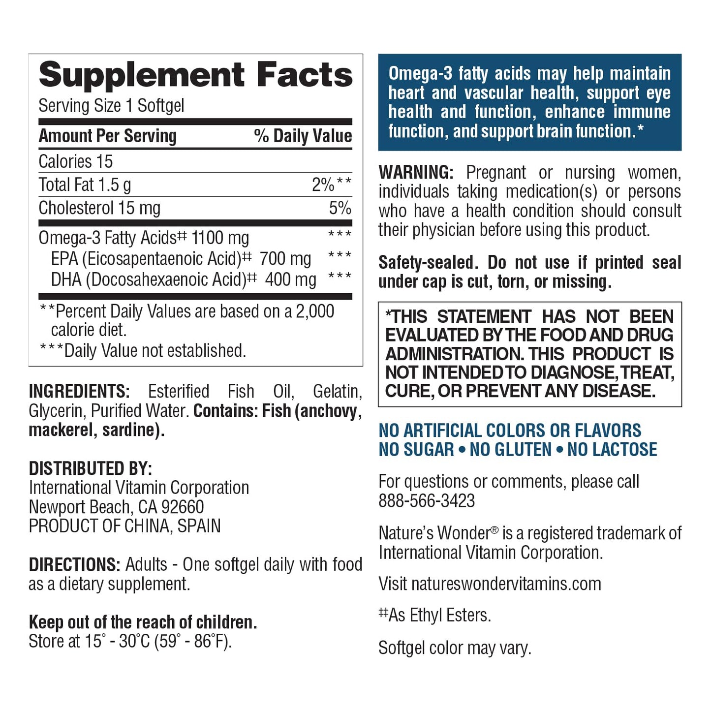 Nature's Wonder Fish Oil 1100mg Omega-3 Softgels 120 Count