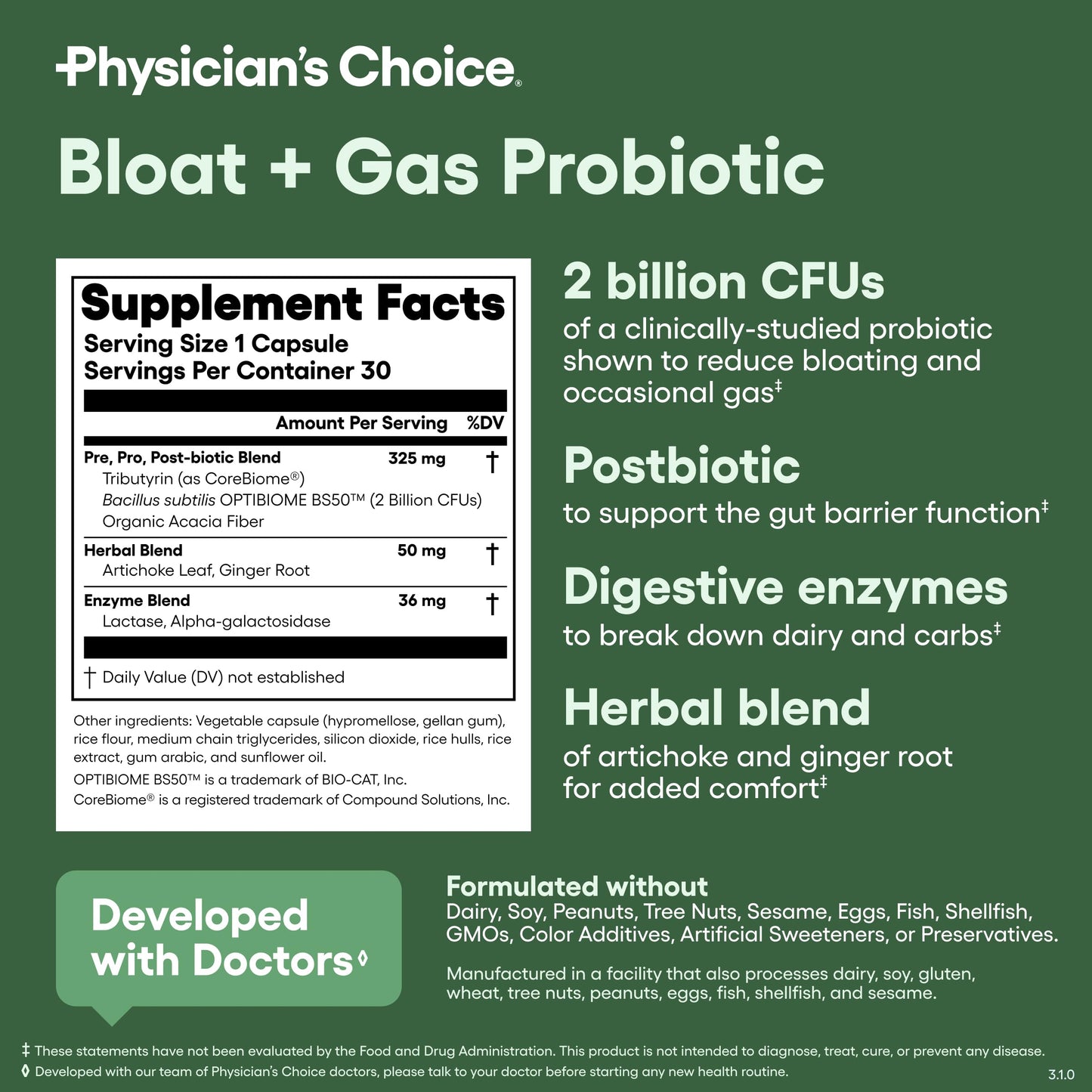 Physician's CHOICE Bloat & Gas Probiotic 5-in-1 Proactive Support + Daily Relief for Digestion & Gut Health Capsule 30 Count