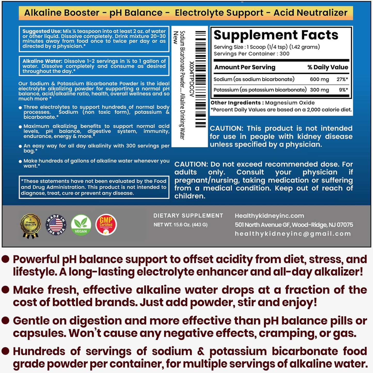 Kidney Restore Sodium Bicarbonate & Potassium Bicarbonate pH Balance Capsule, 30 Capsules