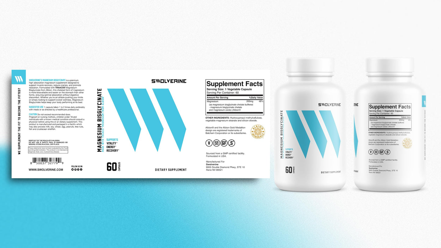 Swolverine Magnesium Bisglycinate 200mg Capsule, 60 Count