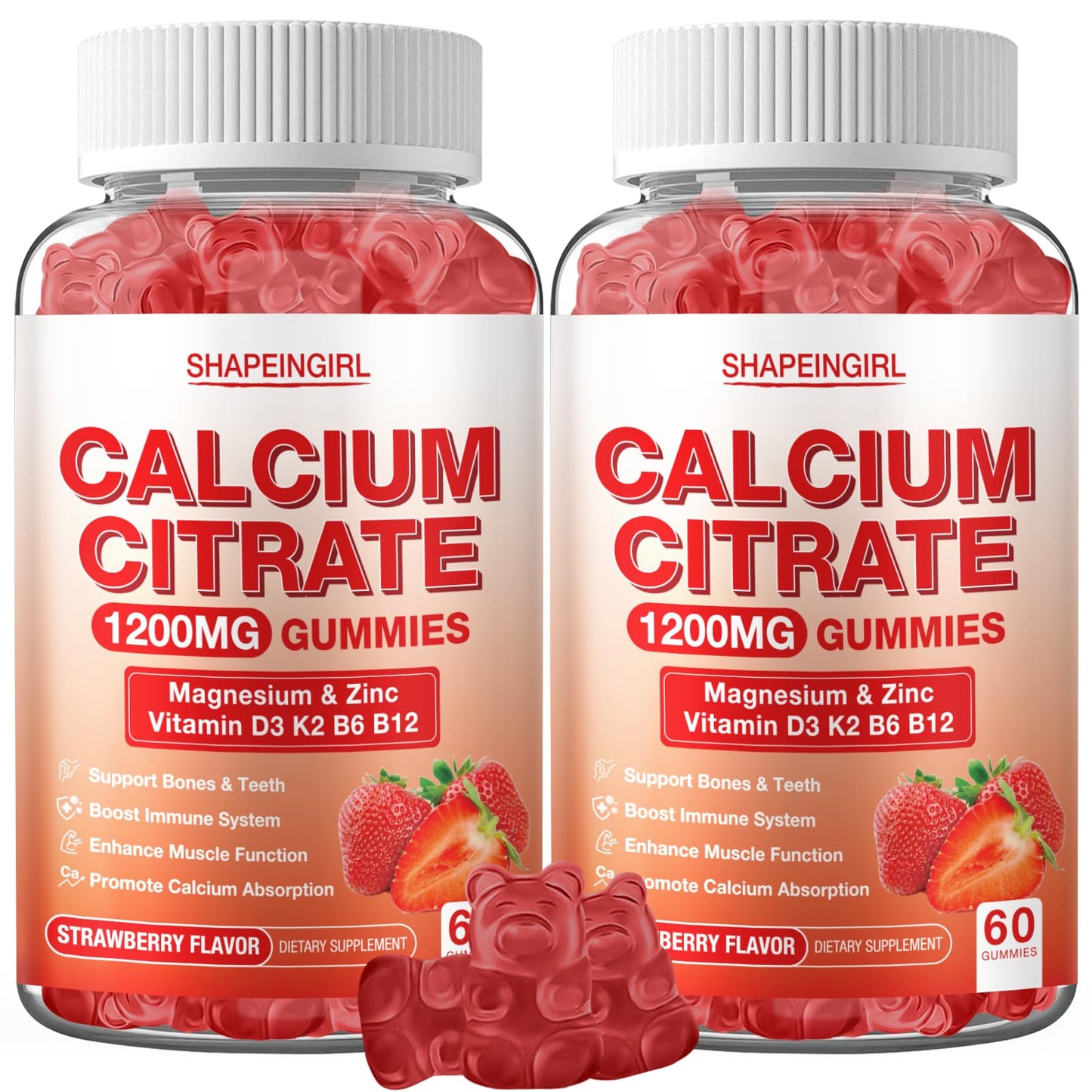 SHAPEINGIRL Calcium Citrate 1200mg with Vitamin D3, K2, B6 & B12, Magnesium & Zinc Gummies 120