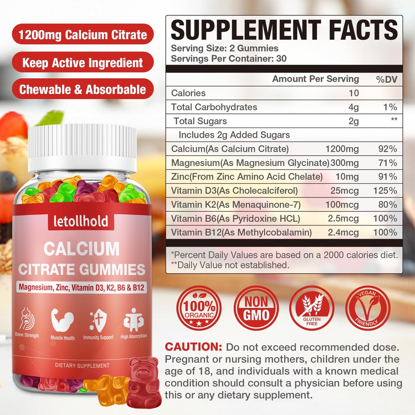 letollhold Calcium Citrate Gummies - 1200mg Calcium with Magnesium, Zinc, Vitamin D3, K2, B6, B12 for Bone, Muscle, Joints, Immune Support, High Absorption Calcium Supplements for Women & Men, 120 Gummies