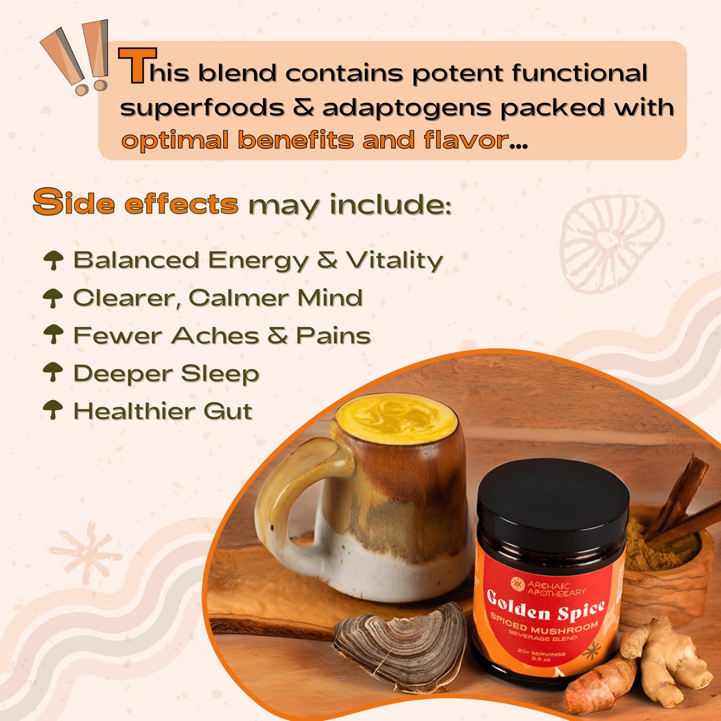 Archaic Apothecary Golden Spice Golden Milk with Mushrooms Turmeric Latte Spice Blend Turkey Tail & Ashwagandha Rooibos Matcha Powder 3.5