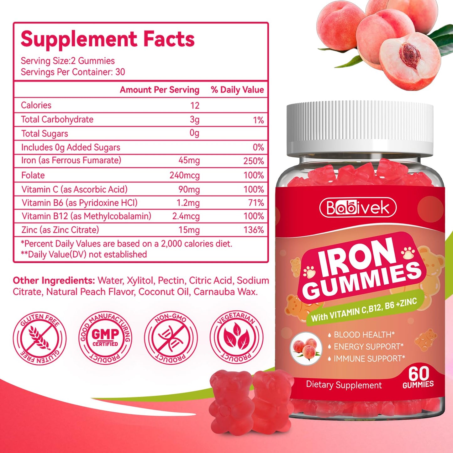 Babivek Iron Gummies with Folate, Vitamin C, B12, B6, Zinc - Peach Flavor, Vegan, 60 Gummies