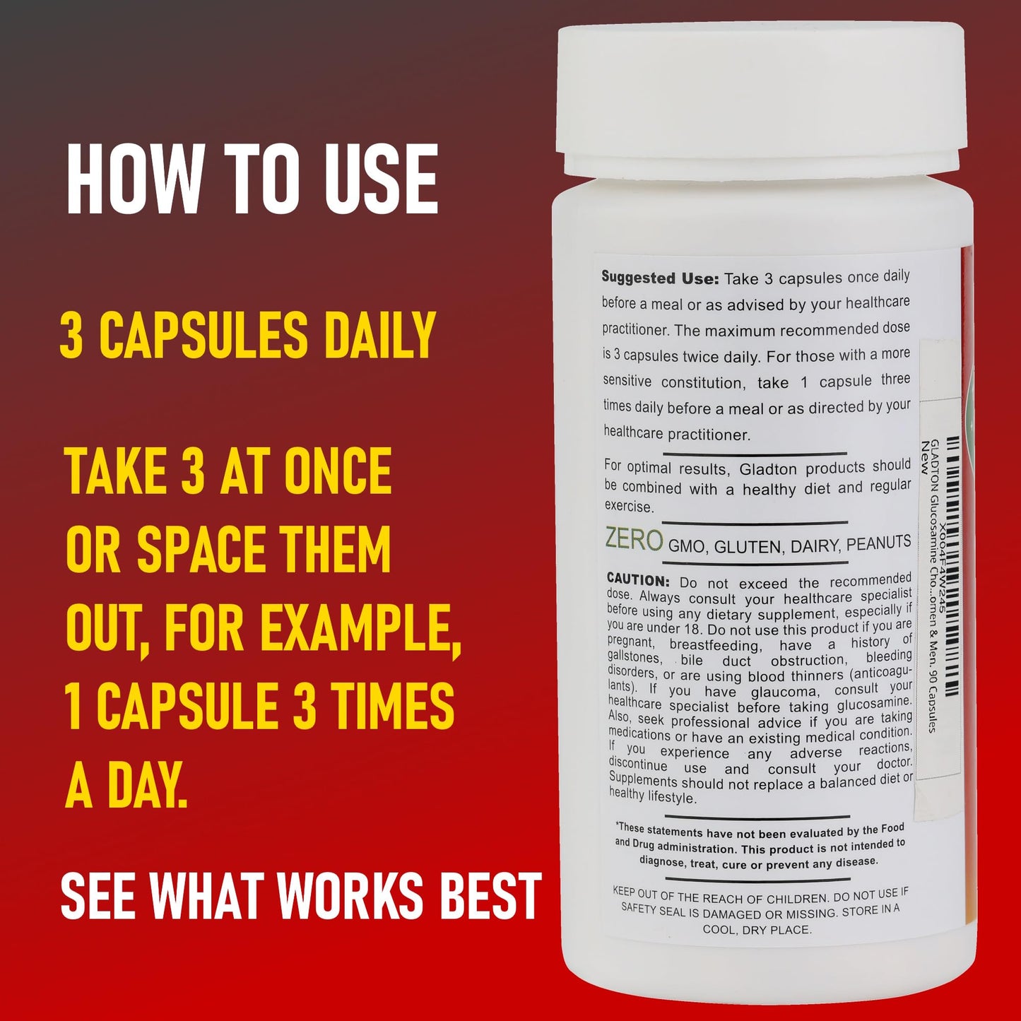 GLADTON Glucosamine Chondroitin MSM Curcumin Turmeric Boswellia Joint Support Capsules 90
