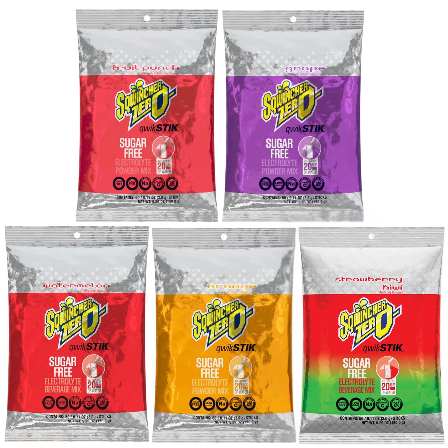 Aabaco Sqwincher Zero Sugar Qwik Stik Electrolyte Powder Summer Variety Pack, 5 Flavors, 20