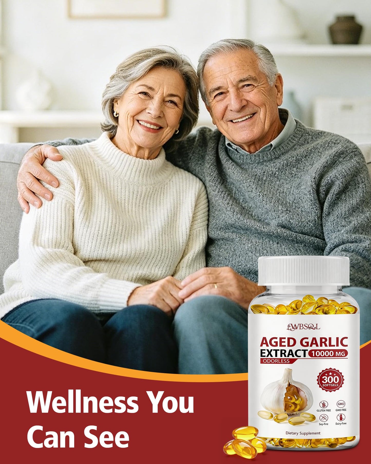 WBSQL Odorless Aged Garlic Extract 500mg Softgels, 300 Count