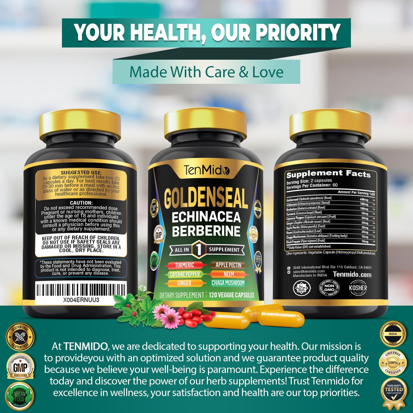 Tenmido Goldenseal Root Supplement 10in1 Formula Capsules 120 Count