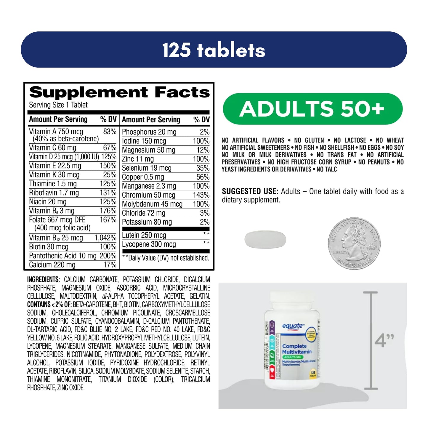 Generic Equate Adult 50+ One Daily Complete Multivitamin Multimineral Supplement Tablets, 125 Tablets