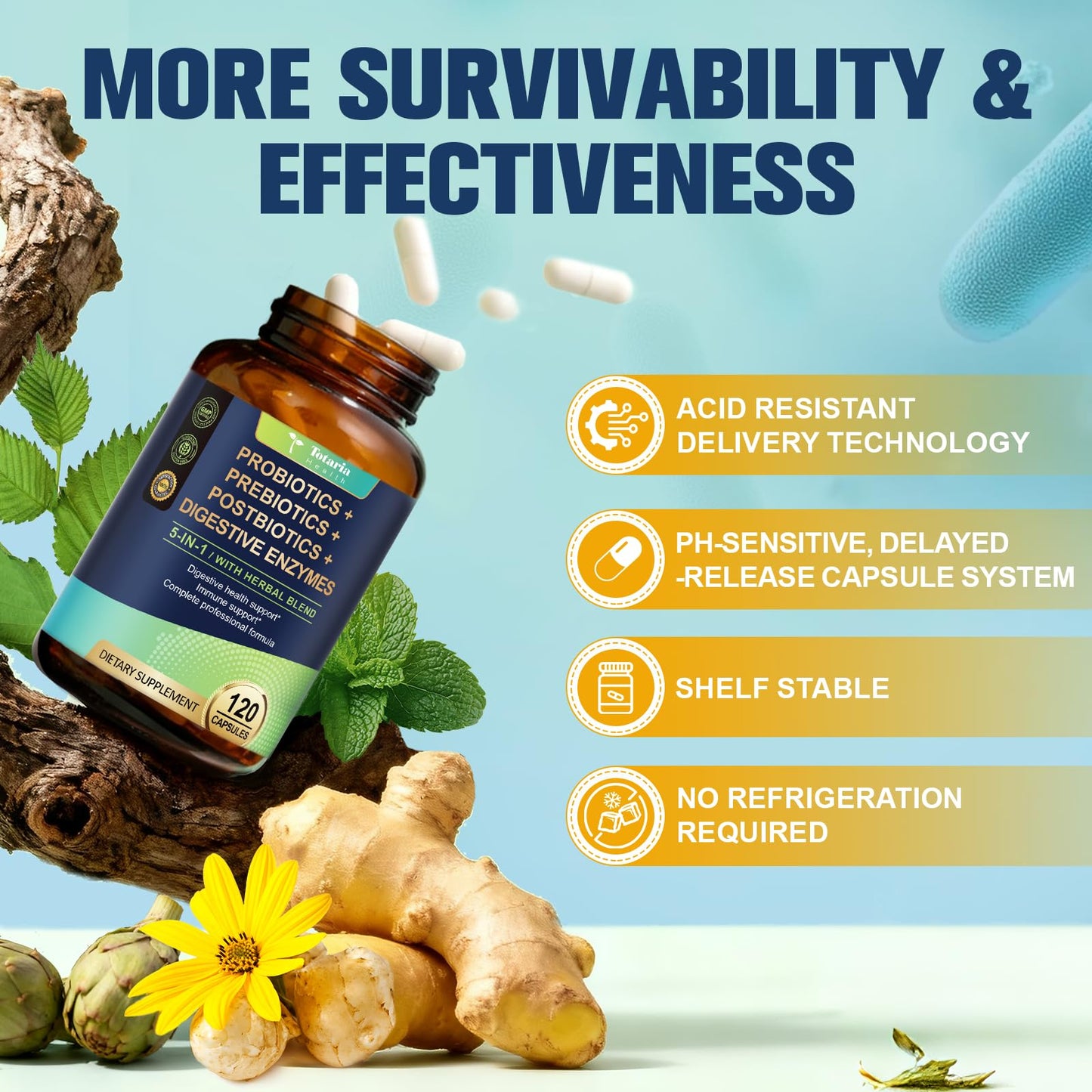 Totaria 5-in-1 Probiotic Prebiotic & Postbiotic for Women Men, 60 Billion CFU, 24 Strains with Digestive Enzymes, Slippery Elm, Daily Complete Gut Health, Digestive & Immune Support, 240 Capsules