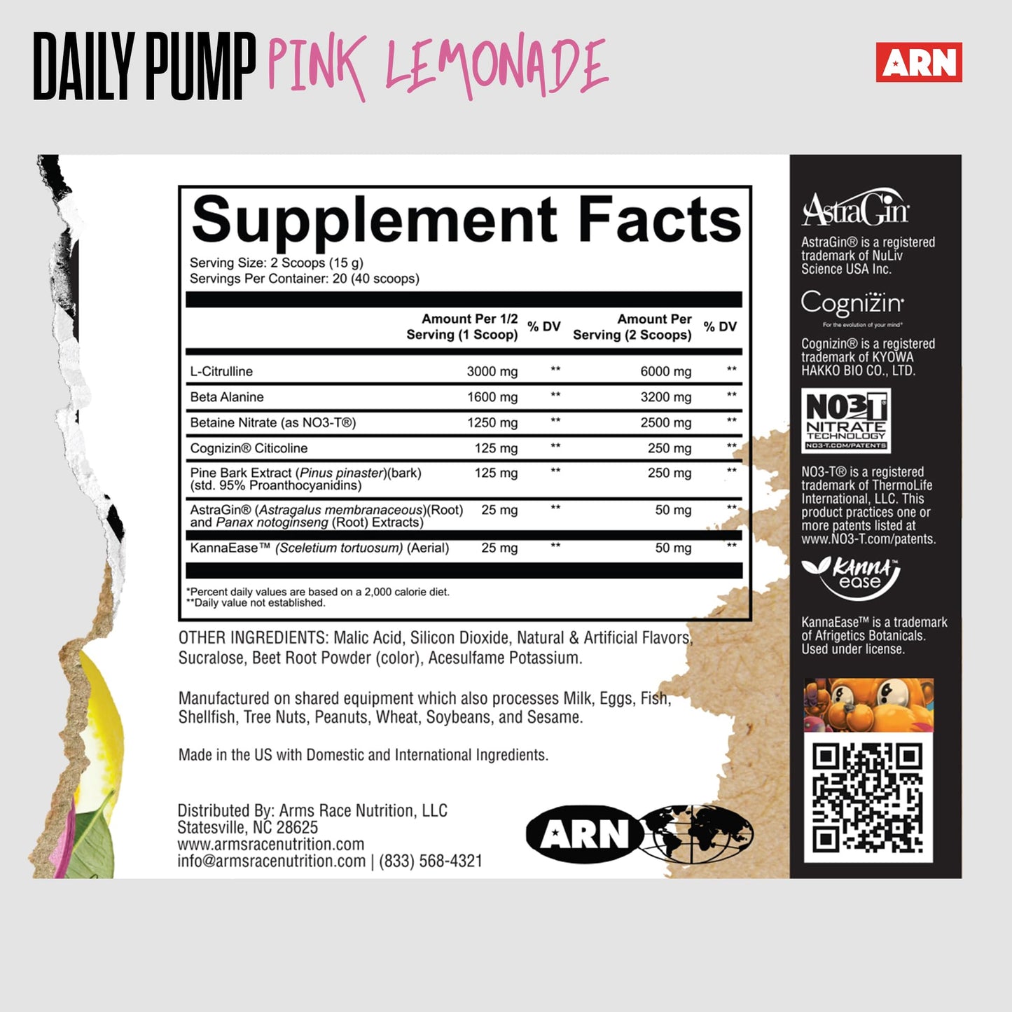 Arms Race Nutrition ARN Daily Pump STIM-FREE Pre-Workout Powder 10