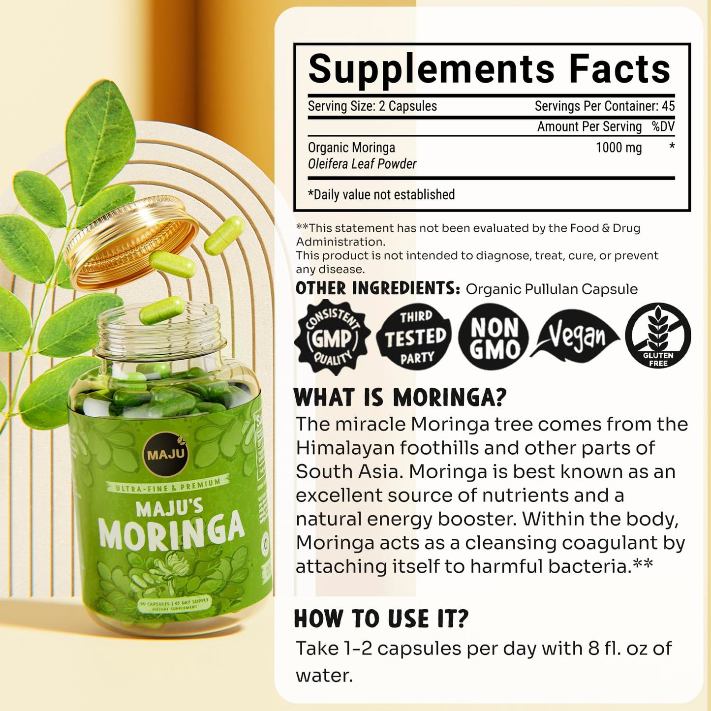 Maju Superfoods Organic Moringa Capsules, 90 Count