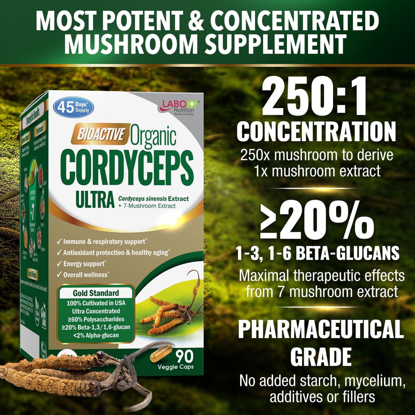 LABO Nutrition Bioactive Organic Cordyceps Ultra – 8 Mushroom Extract Supplement Capsules 90 Count