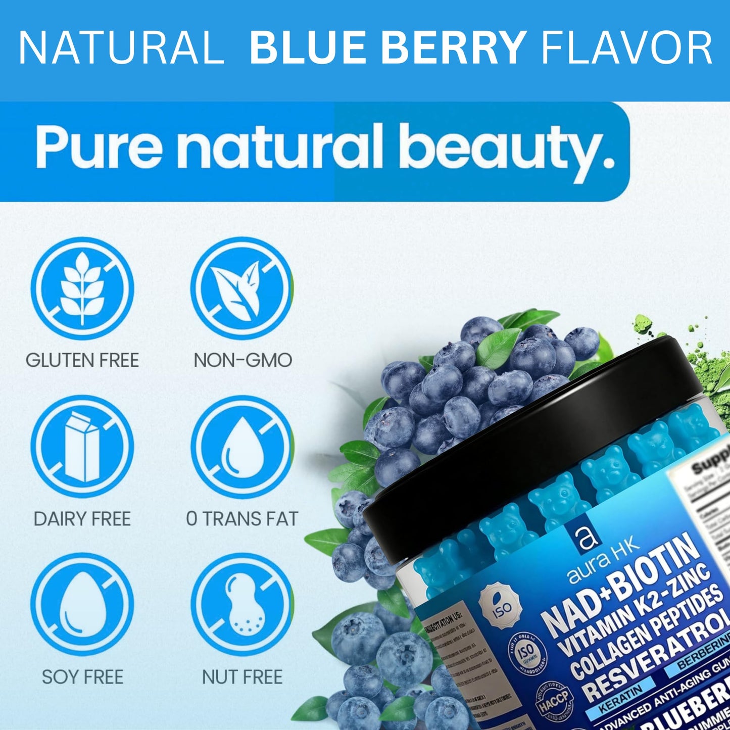 Aura HK NAD+Biotin, Resveratrol, Berberine & Anti-Aging Gummies, Hair, Skin, Nails & Joint Support, Collagen Peptides, Keratin, Zinc, Vitamin K2 & D3 Supplement, Regeneration (Blueberry), 60 Gummies
