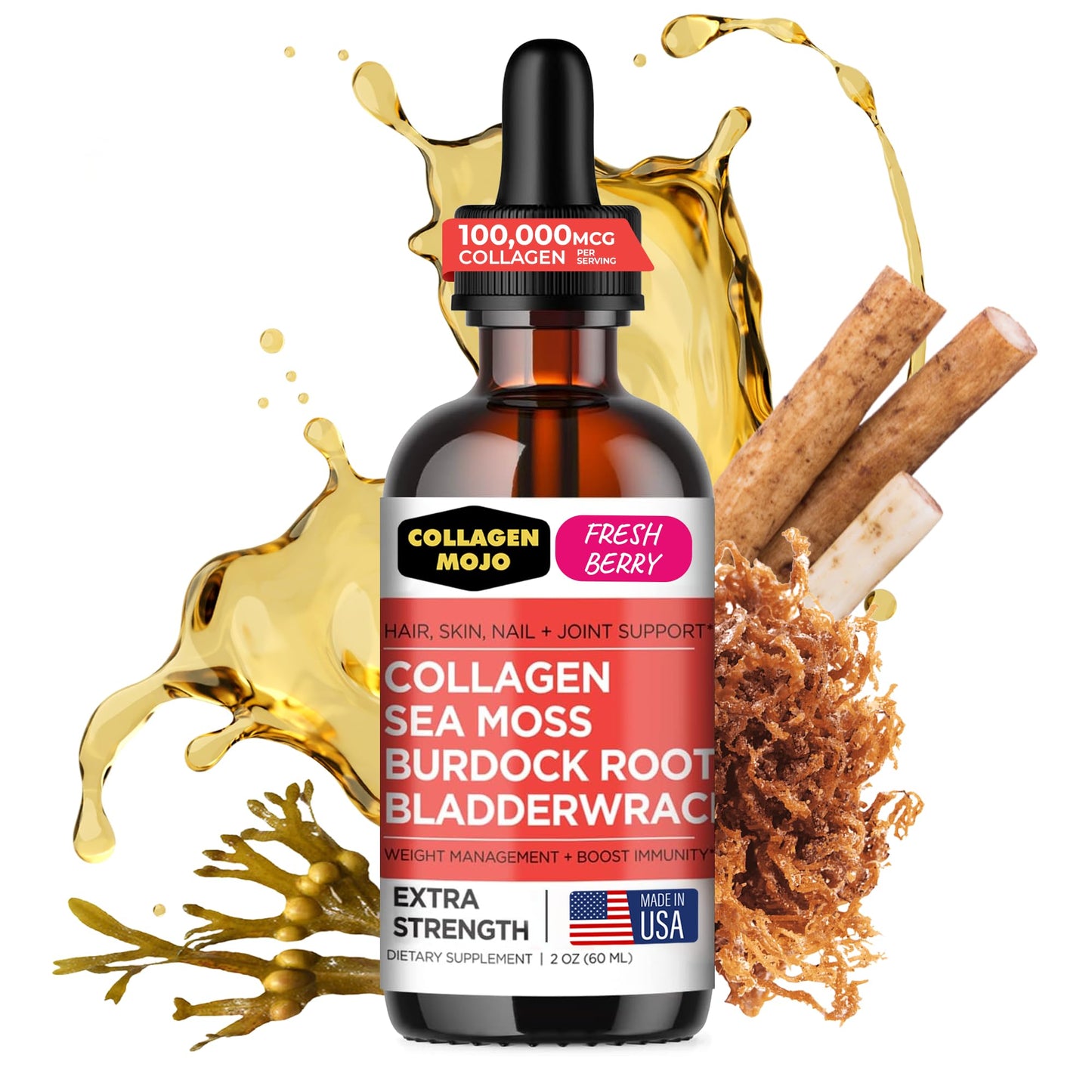 Collagen Mojo Liquid Collagen Peptides with Sea Moss, Burdock Root & Bladderwrack and Liquid Collagen Peptides with Ashwagandha, Elderberry & L-Theanine, 1