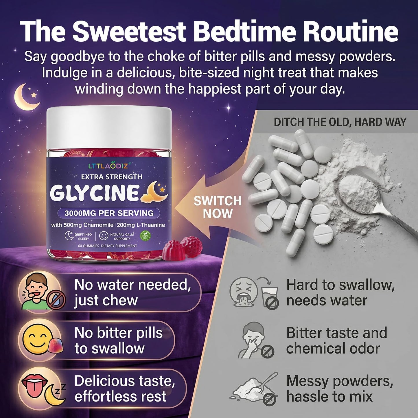 LTTLAODIZ Glycine Gummies with Chamomile & L-Theanine, 3000mg Glycine, 60 Ct