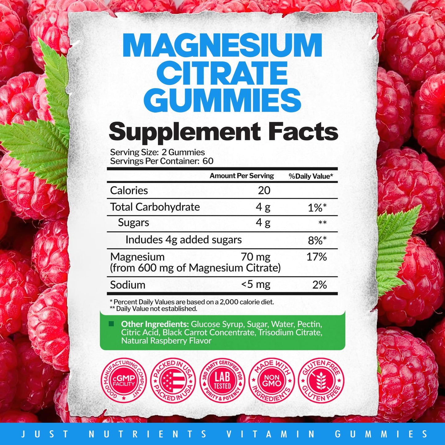 Just Nutrients Magnesium Citrate 600mg Gummies, 120 Count