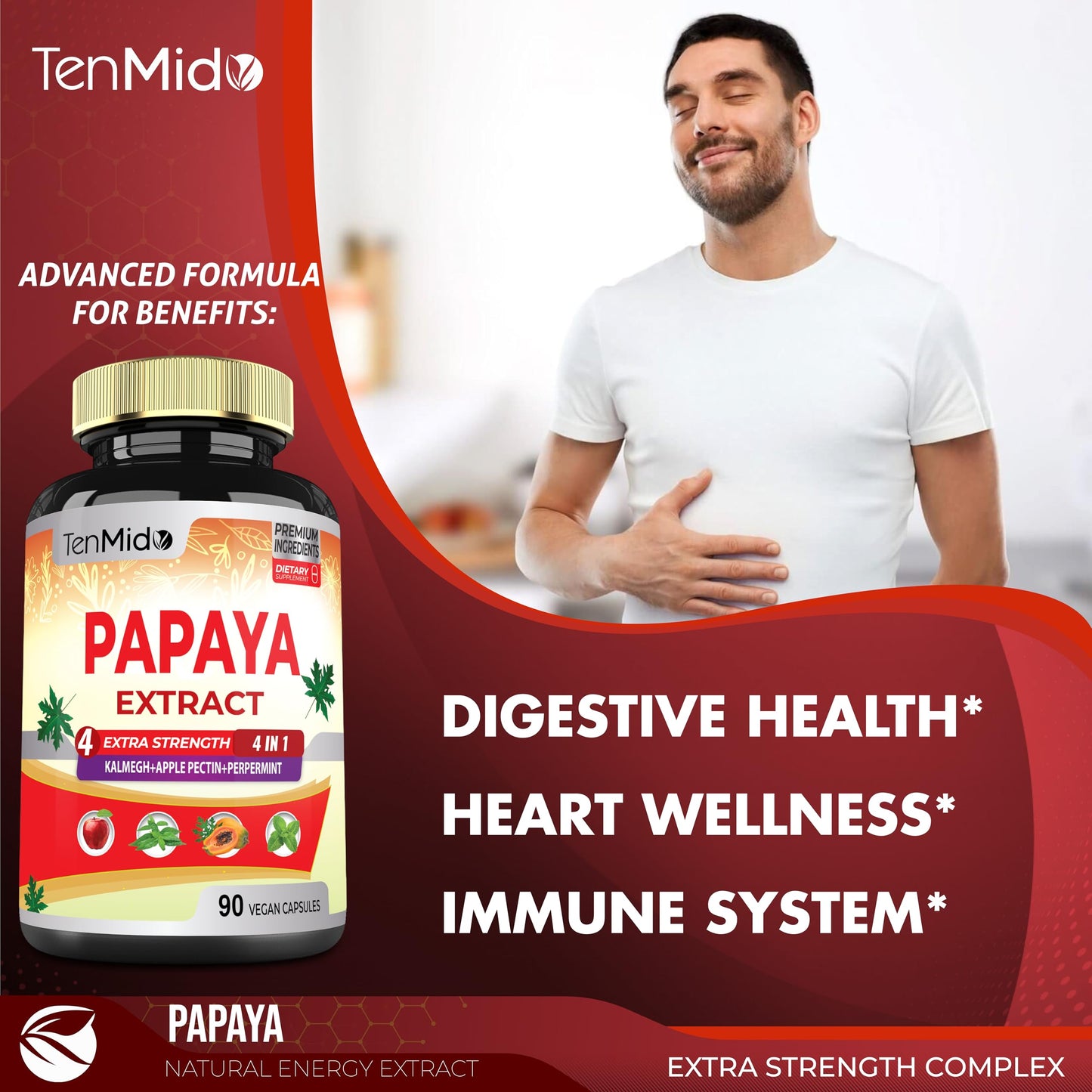 Tenmido Papaya Leaf Extract Supplements Capsules, 90 Count