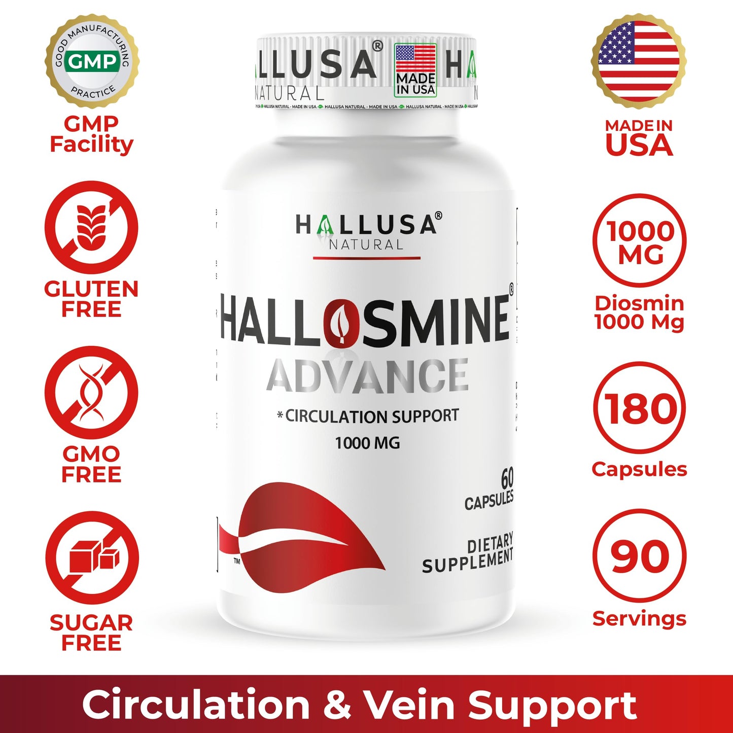 Hallusa Natural Hallosmine Advance 1000mg Diosmin, 180 Capsules