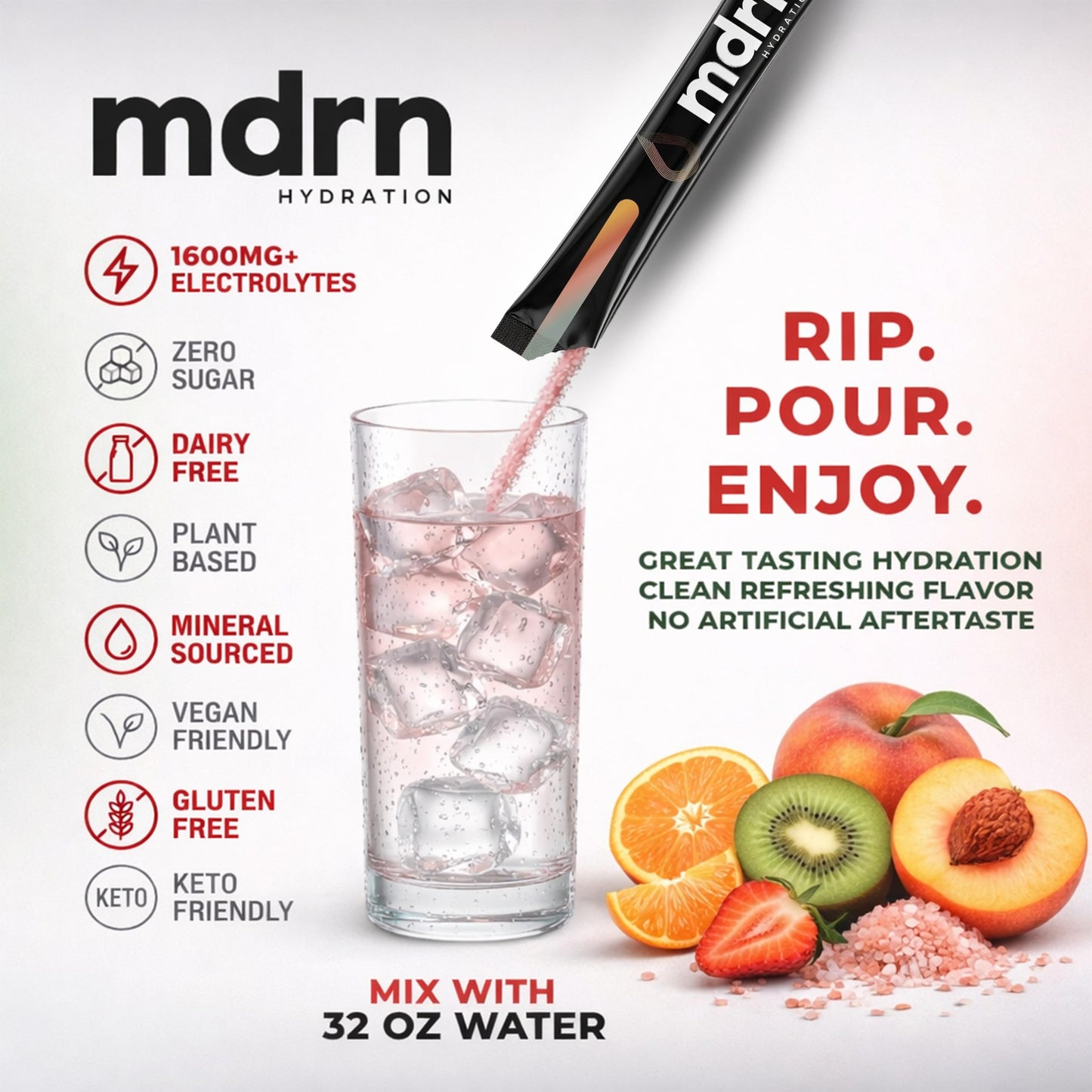 MDRN Hydration Zero Sugar Electrolytes with Pink Himalayan Salt Powder, Tangerine, 7-Count