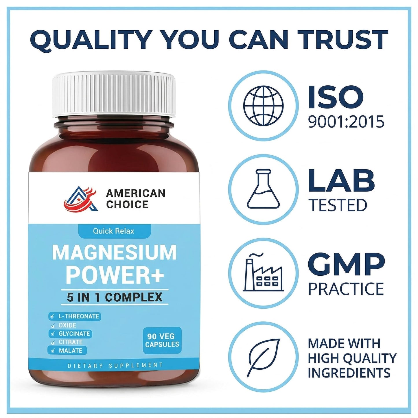 American Choice Magnesium Complex for Women & Men 5-in-1 200mg (Glycinate, L-Threonate, Citrate, Malate & Oxide) Capsules, 90