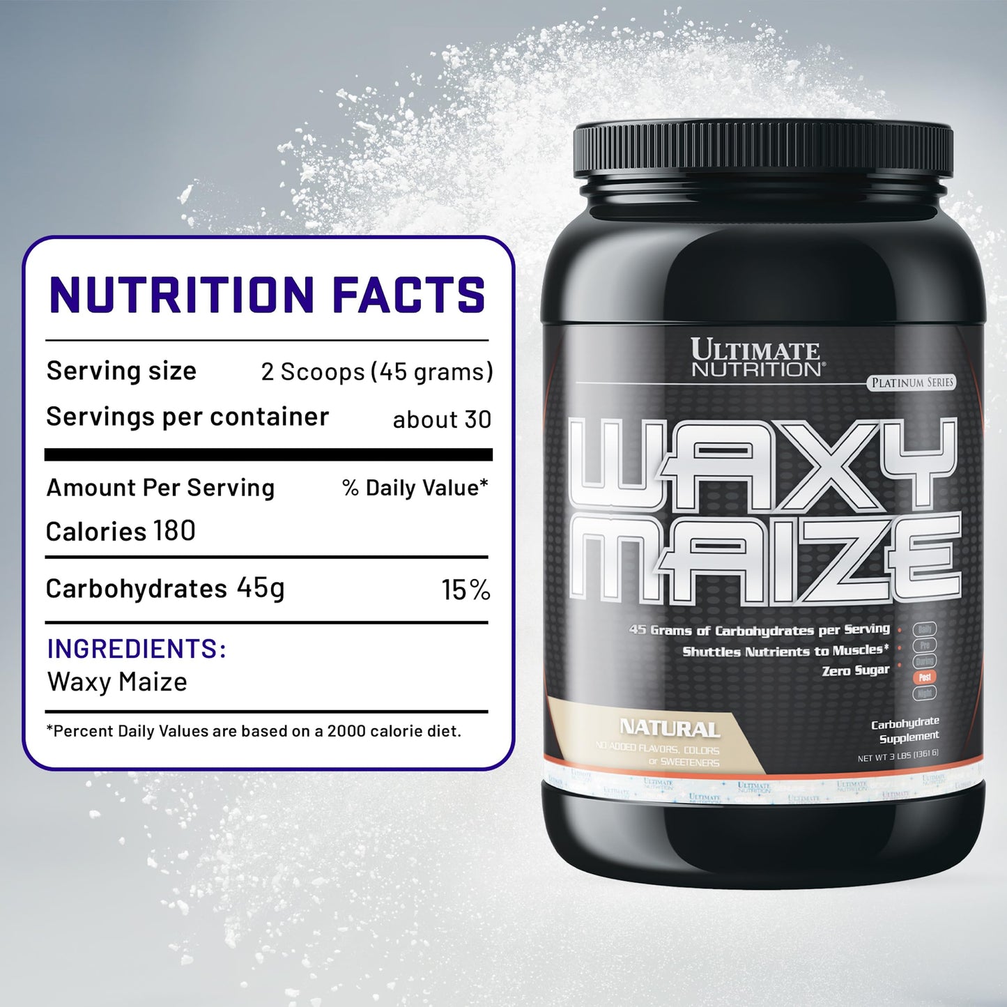 Ultimate Nutrition Carbohydrate Supplement Wazy Maize Unflavored Carb Protein Shake Powder & Muscle Builder for Post Workout - Zero Sugar, No Added Flavors, Colors Or Sweeteners, 3 Pounds