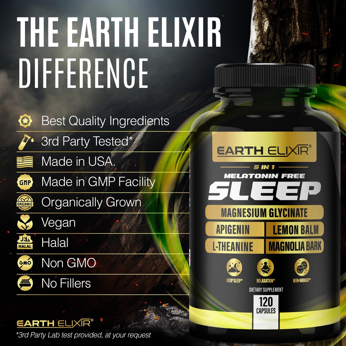 Earth Elixir 5-in-1 Melatonin Free Sleep Aid – Magnesium Glycinate, Apigenin for Sleep, L-Theanine, Lemon Balm, Magnolia Bark Extract Capsules, 120 Count