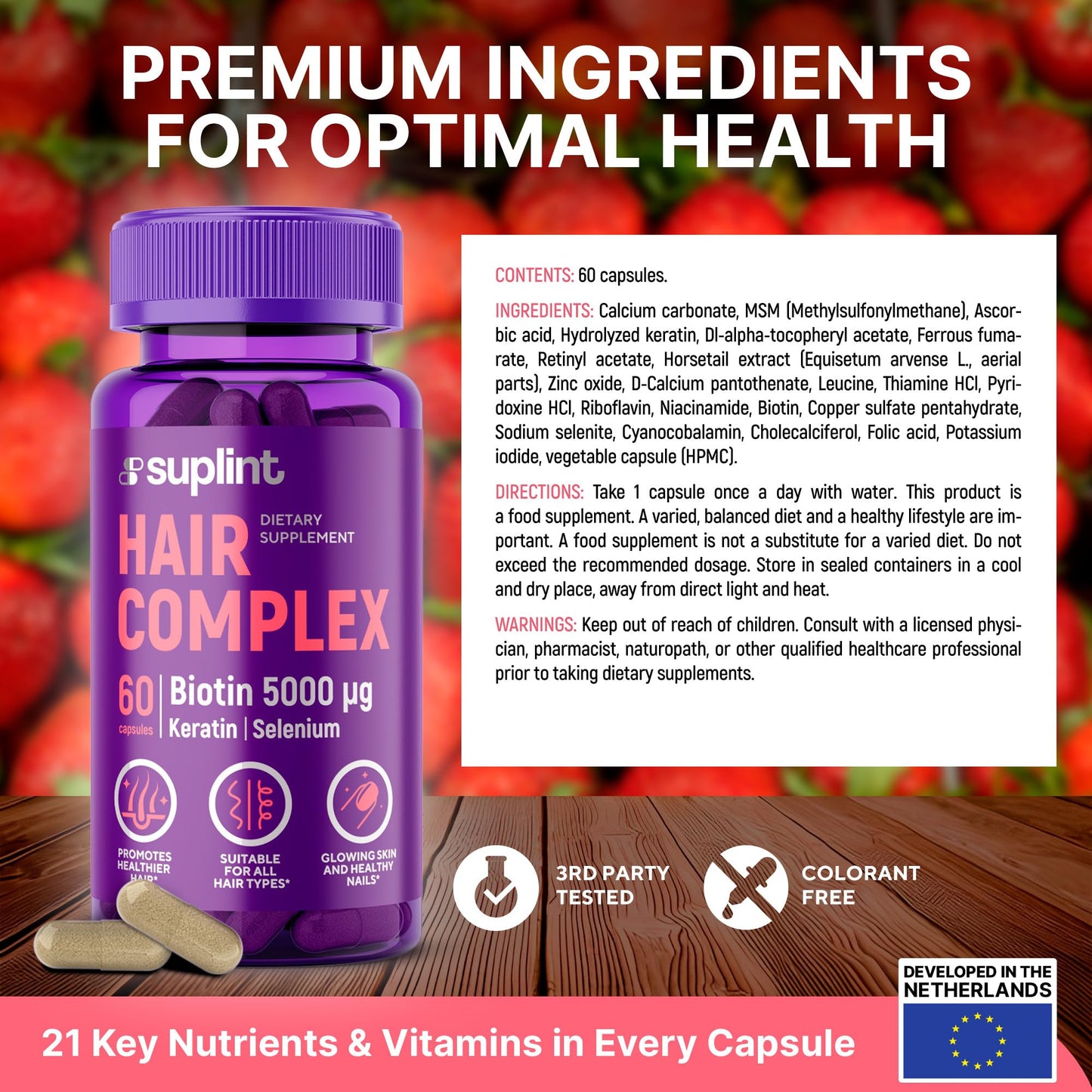SUPLINT Hair Vitamin Complex with Biotin 5000mcg, Keratin, Selenium & Zinc 60 Capsules