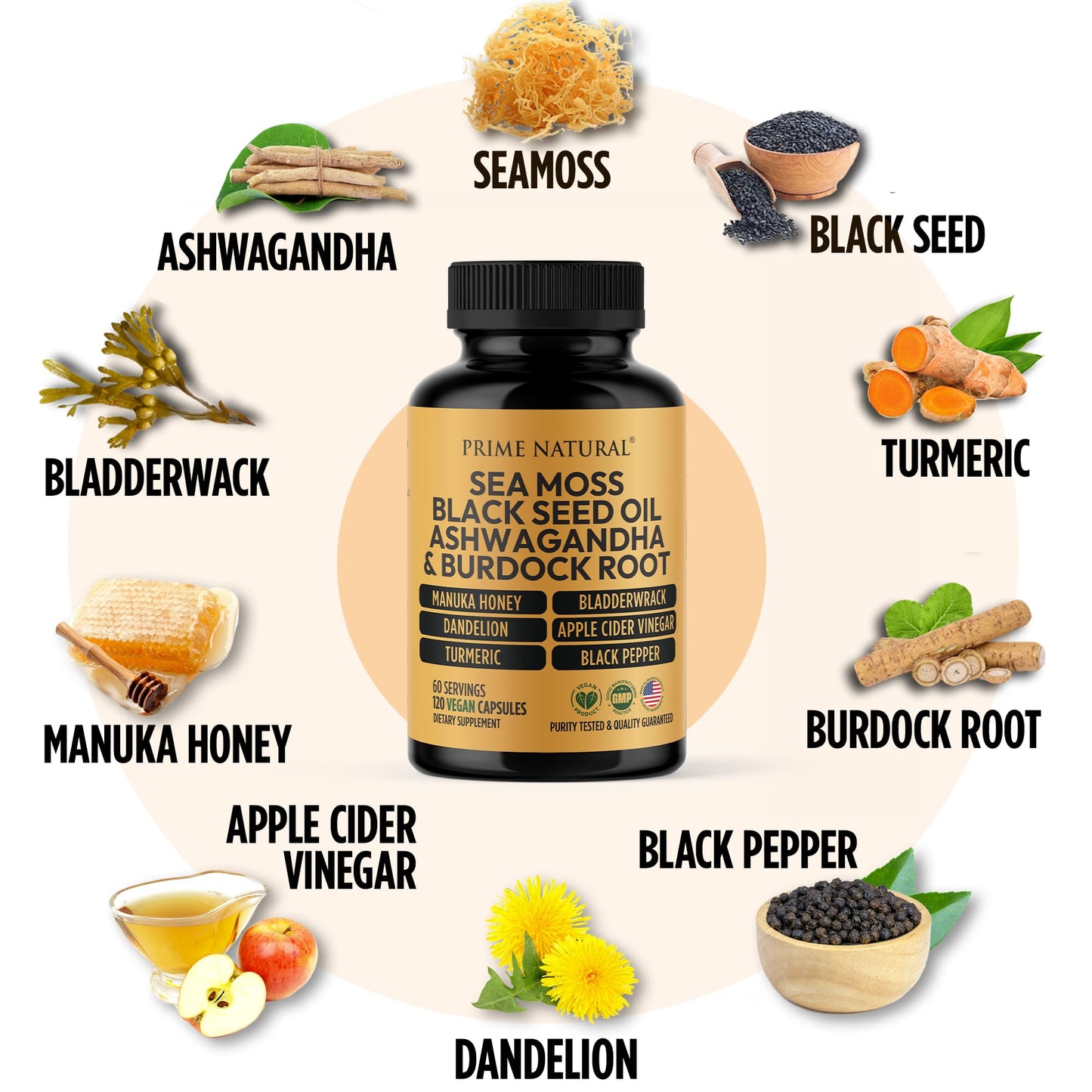 PRIME NATURAL Sea Moss 300mg, Black Seed Oil 200mg, Ashwagandha 100mg, Turmeric, Bladderwrack, Burdock, Manuka Honey, Dandelion, ACV 120 Capsules