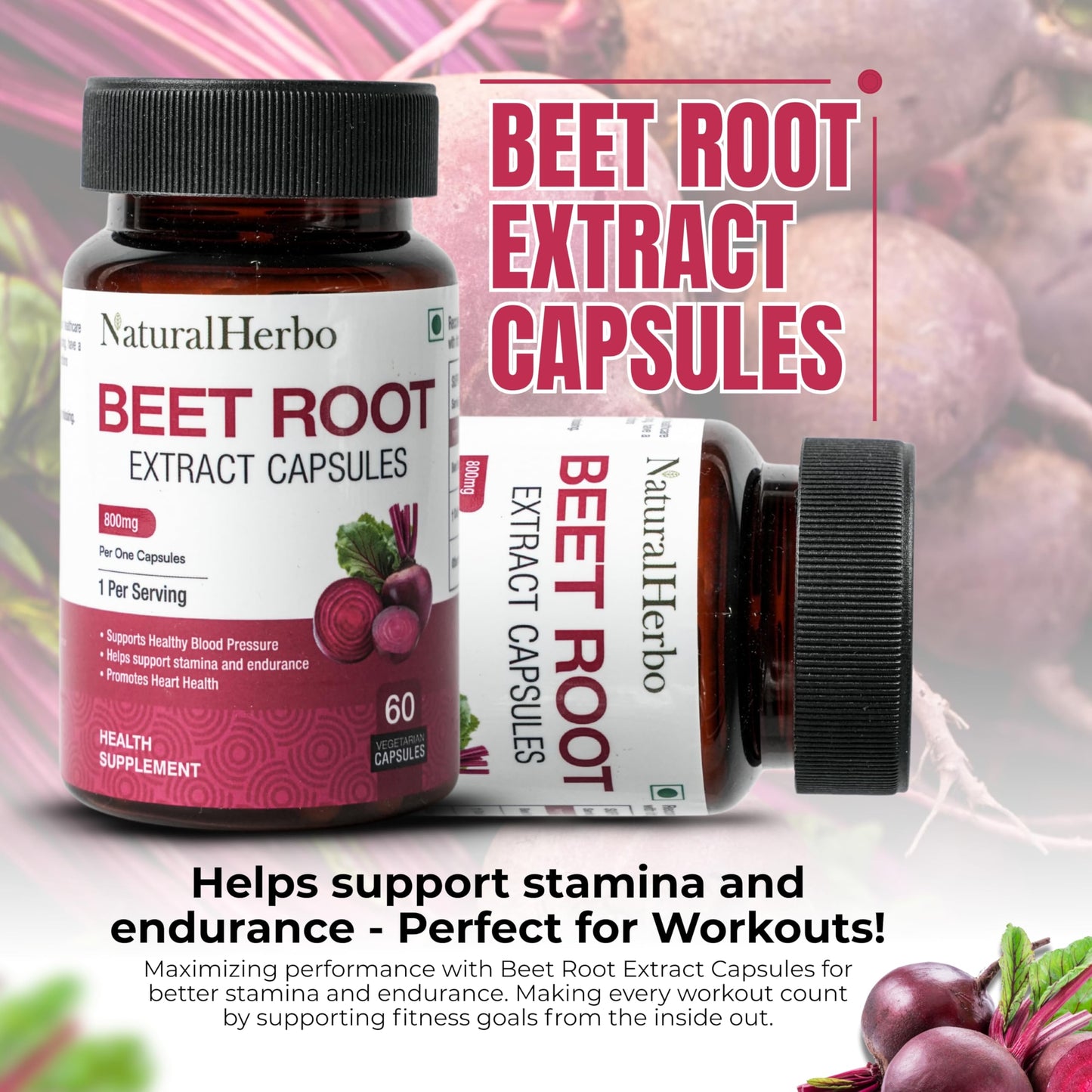 NaturalHerbo Beet Root Capsules 800mg, 60 Count
