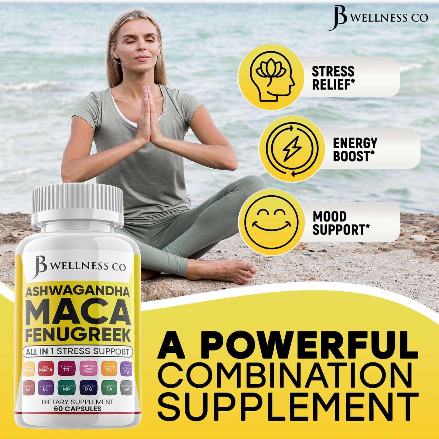JB Wellness Co Ashwagandha Maca Root, Fenugreek Supplement with Tongkat Ali Ginseng Capsule 60 Count