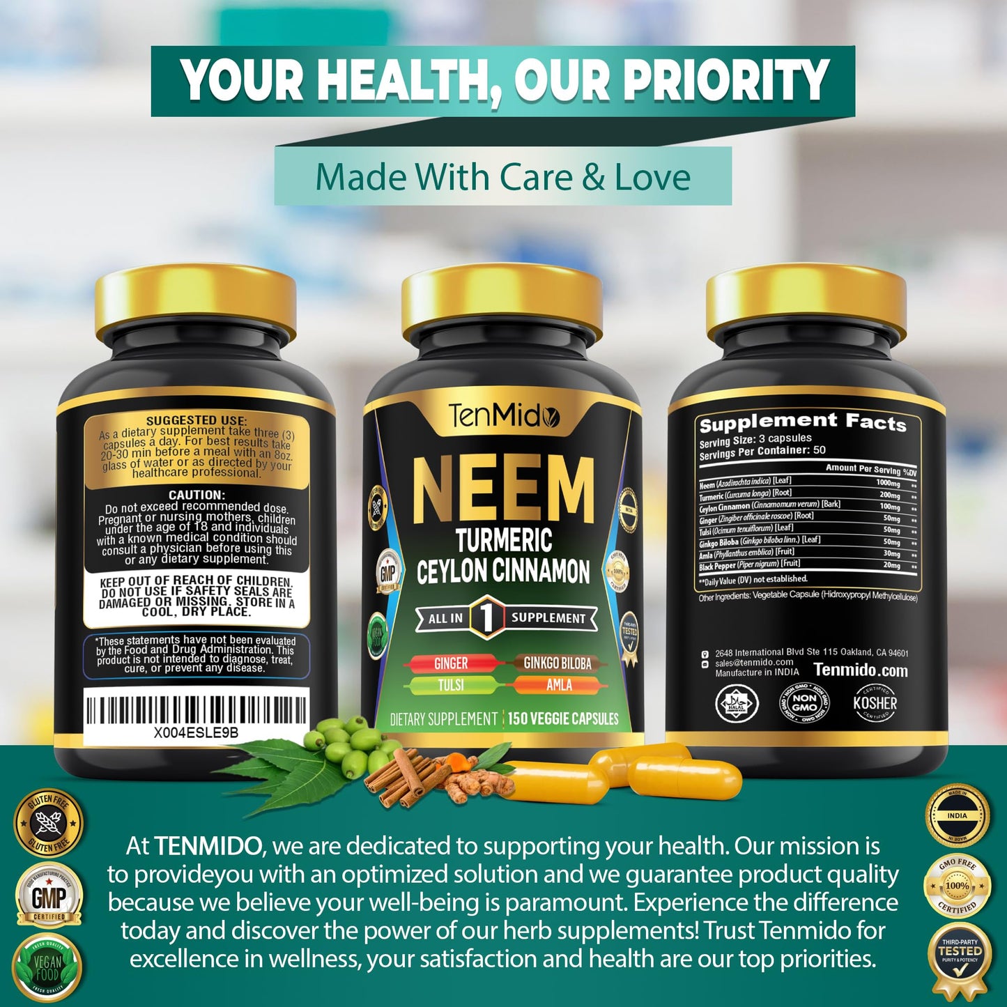 Tenmido Neem Leaf Supplement Capsule 150 Count