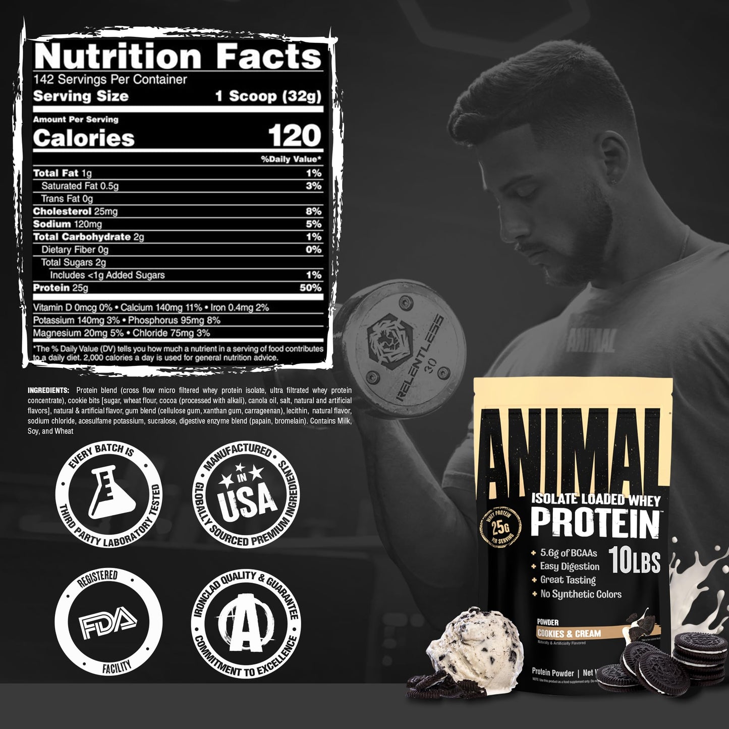 Animal Whey Isolate Protein Powder Cookies & Cream 160 Servings