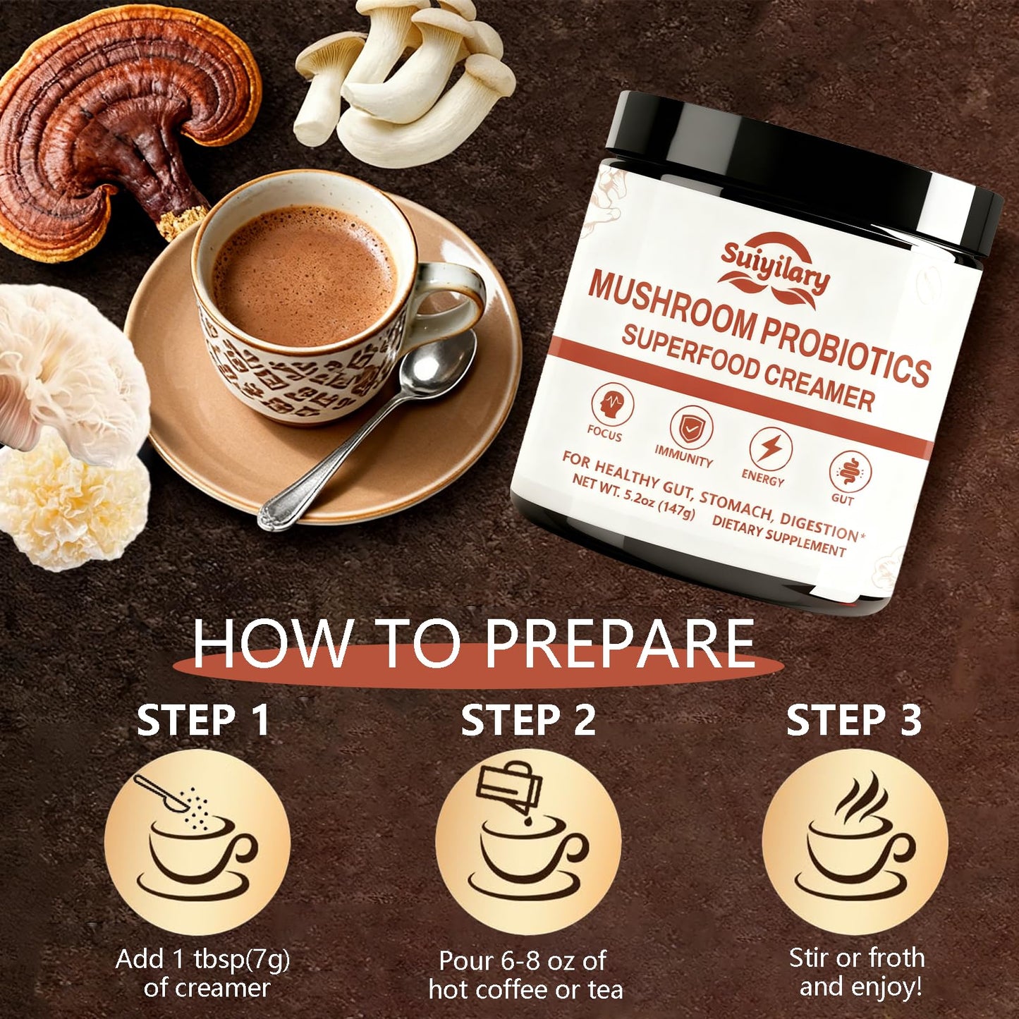 Suiyilary Mushroom Probiotic Coffee Creamer Powder, 5.2 oz
