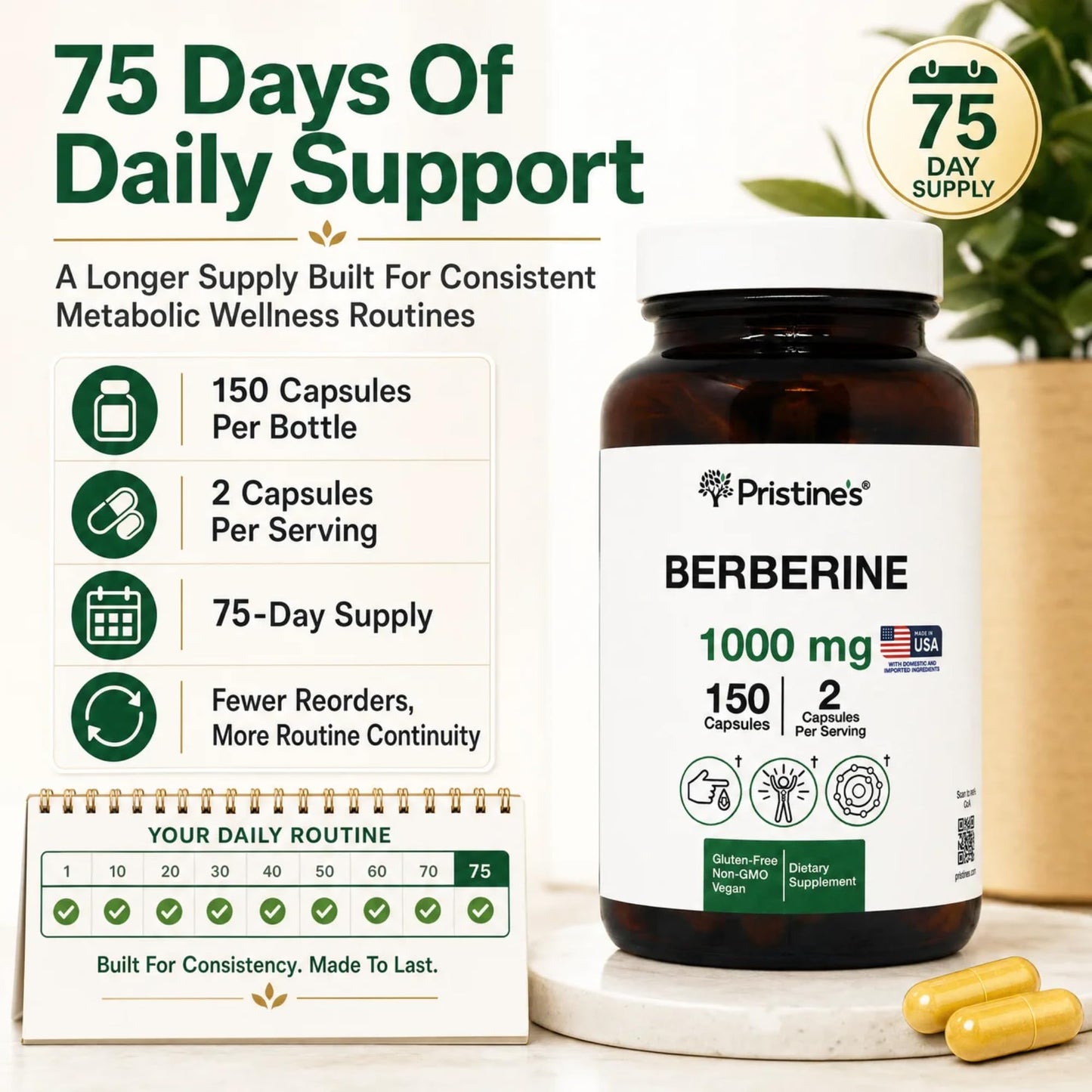 PRISTINE'S Berberine 1000mg Capsule, 1 Count