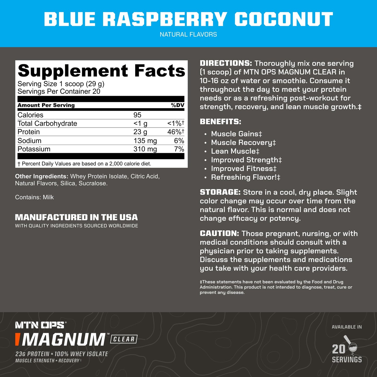 MTN OPS Magnum Clear Whey Protein Isolate Powder, Blue Raspberry Coconut, 20.7 Servings