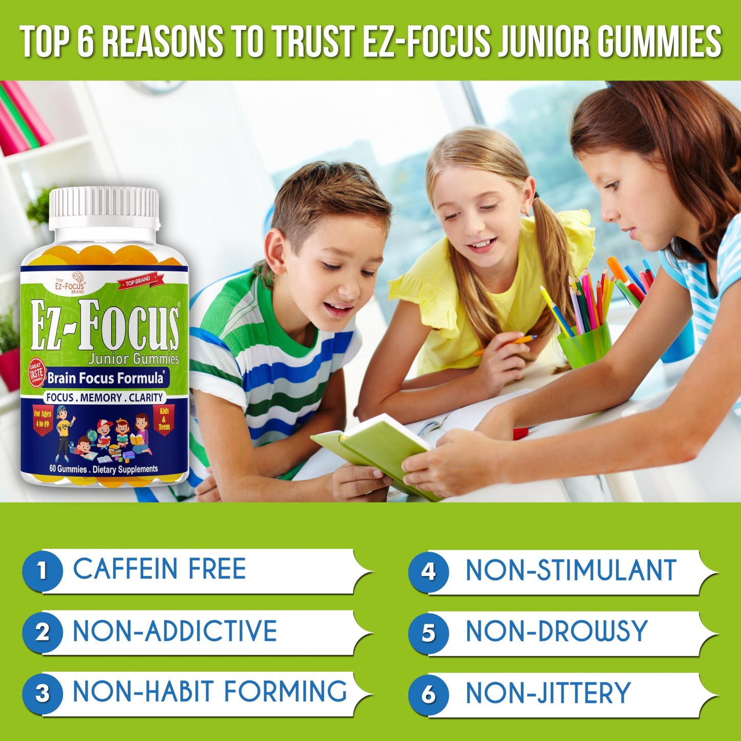 Ez-Focus Junior Brain Vitamins & Memory Supplements for Kids & Teens Gummy, 60 Count