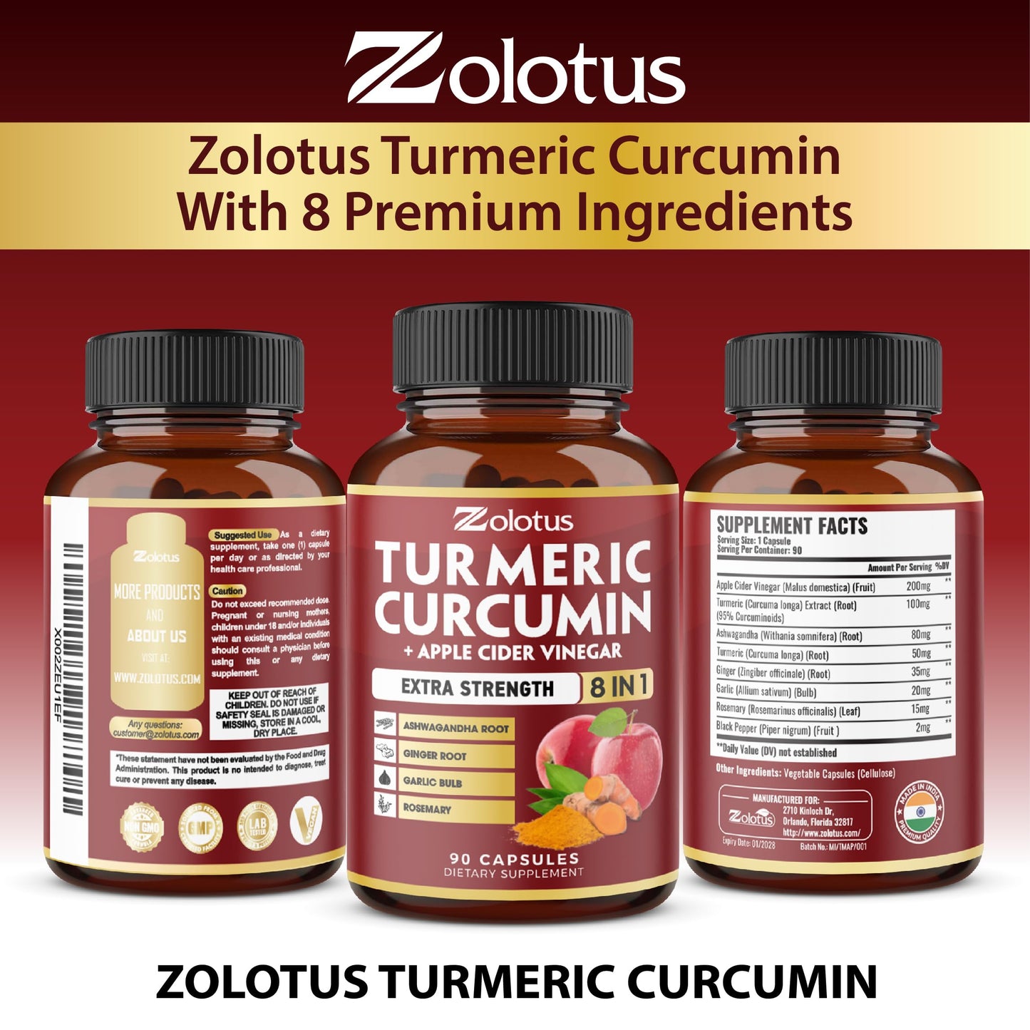 Zolotus Turmeric Curcumin + Apple Cider Vinegar Capsules 90 Count