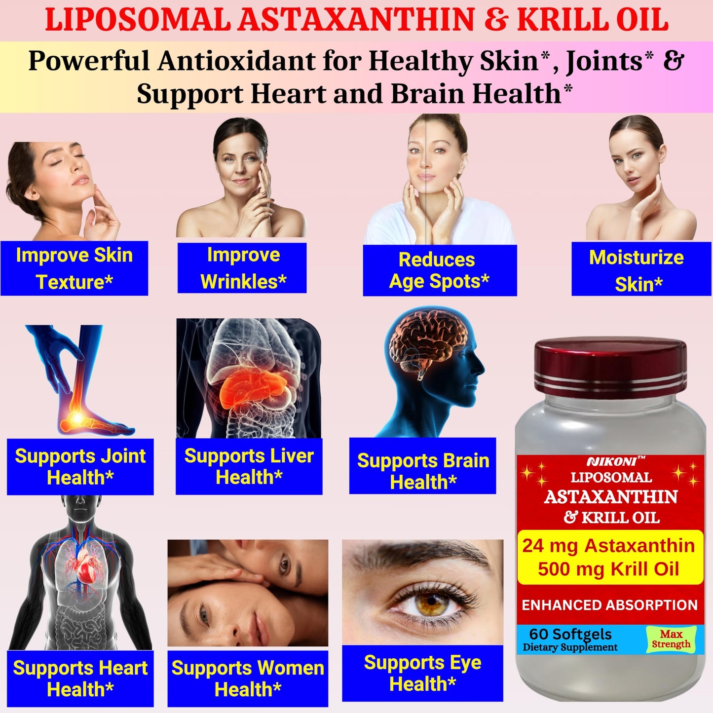Nikoni Liposomal Astaxanthin 24mg with Krill Oil 500mg Softgels 120