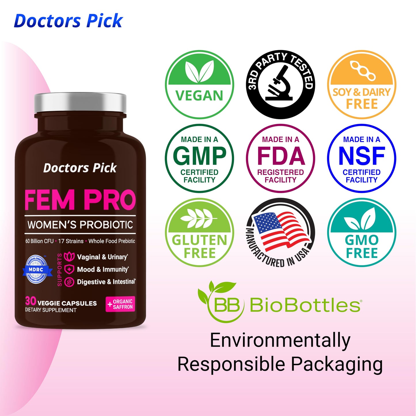 Doctors Pick Fem Pro Women’s Probiotics for Feminine Health 90 Capsules