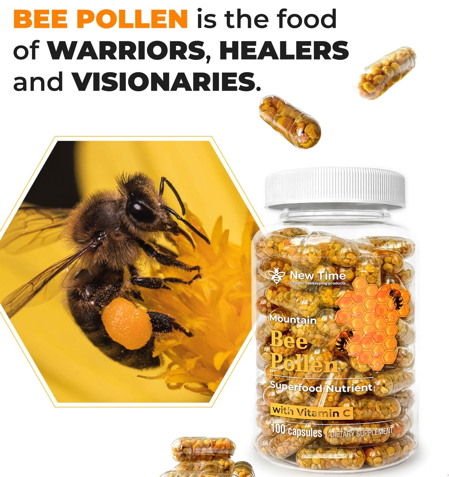 New Time Organic Beekeeping Products Bee Pollen Capsules, 60 Capsules