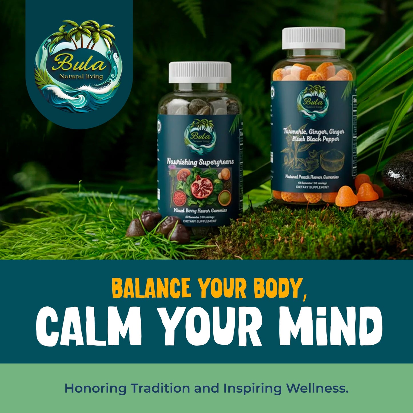 Bula Natural Living Fijian Turmeric and Ginger with Black Pepper Gummies, Joint and Mobility Support, Immune Boost, Peach Flavor, 60 Count